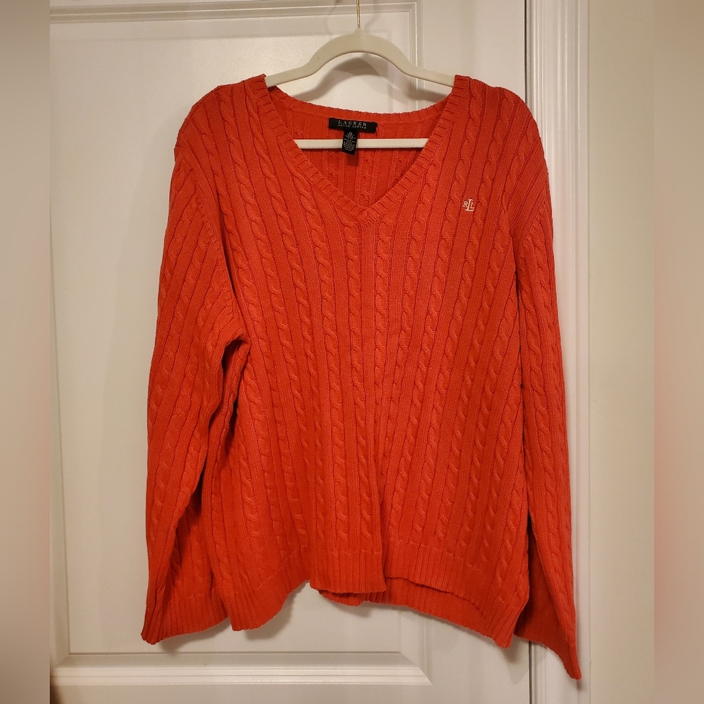 Ralph Lauren Orange V-Neck Cable Knit Sweater